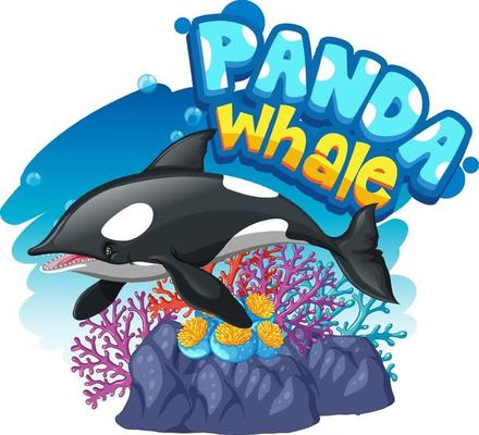 Orca Whale cartoon character with Panda Whale font banner isolated