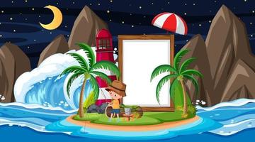 Kids on vacation at the beach night scene with an empty banner vector