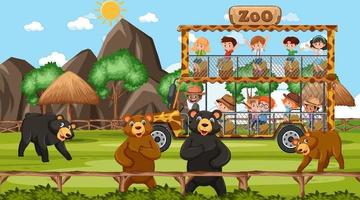 Safari at day time scene with many kids watching bear group vector