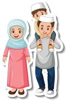 Sticker template with Muslim family cartoon character vector