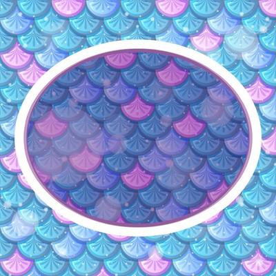 Oval frame template on blue rainbow fish scales background