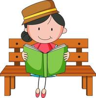 Cute girl reading book doodle cartoon character vector