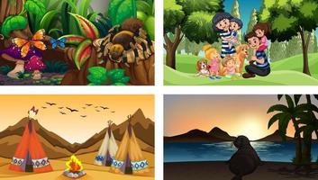 Four different scenes with children cartoon character vector