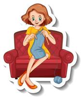 A sticker template with a woman knitting and sitting on sofa vector