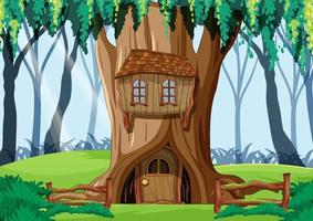 escena del bosque con casa en el árbol dentro del tronco del árbol vector