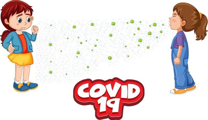 Covid-19 font with a girl look at her friend sneezing