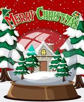 Merry Christmas poster with house in glass dome winter vector