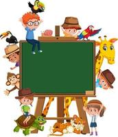 Empty blackboard with kids and zoo animals vector