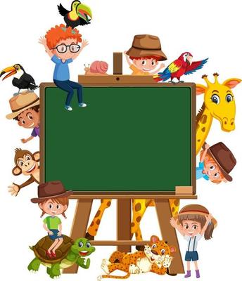 Empty blackboard with kids and zoo animals