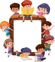 Empty wooden frame with many children cartoon character vector