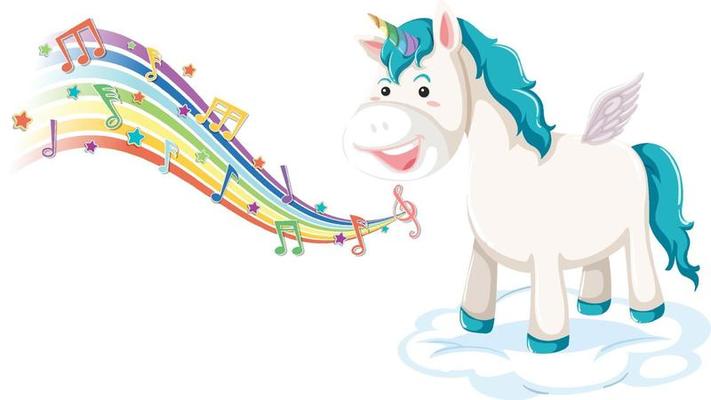 Cute pegasus standing on the cloud with melody symbols on rainbow