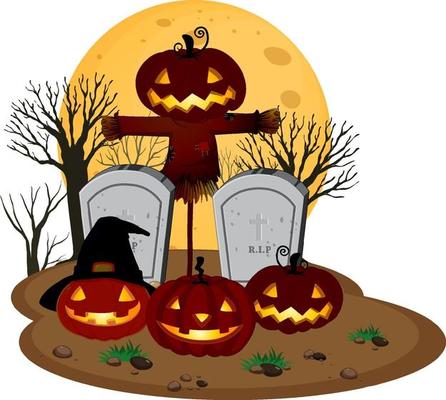 Happy Halloween with Jack-o'-lantern at graveyard