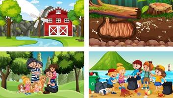 Four different scenes with children cartoon character vector