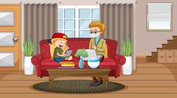 Boy learning from home on electronic device vector