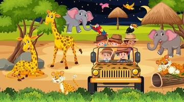 Safari at night time scene with many kids watching animals vector