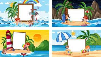 conjunto de pancartas en blanco en diferentes escenas de playas tropicales vector