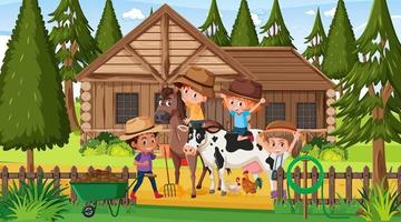 Wooden house in nature scene with many children and farm animals vector