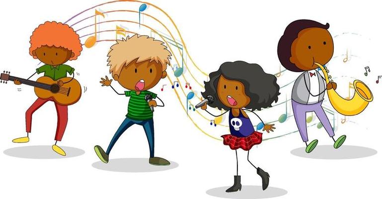 Doodle cartoon character with music band on white background