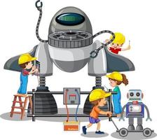 Children building robot together on white background vector