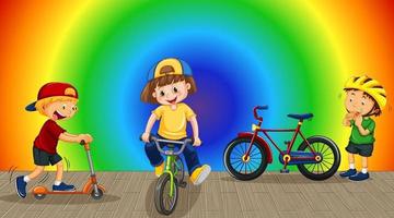 Children doing different activities on rainbow gradient background vector