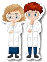 Pegatina de personaje de dibujos animados con una pareja de científicos en bata de ciencia vector