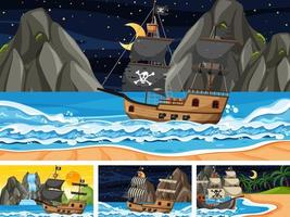 Set of different beach scenes with pirate ship vector