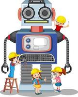 Children building robot together on white background vector