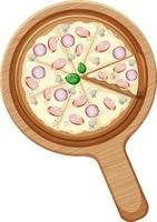 A whole vegan pizza with onion and mushroom topping on wooden plate vector