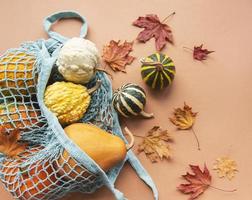 composición otoñal con calabazas surtidas en bolsa de hilo ecológica foto