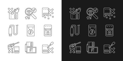 Iconos de etiquetas lineales de cuidado del cargador portátil establecidos para el modo oscuro y claro vector