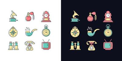 Retro items light and dark theme RGB color icons set vector