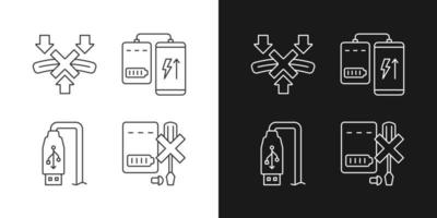 powerbank uso adecuado iconos de etiquetas lineales establecidos para el modo oscuro y claro vector