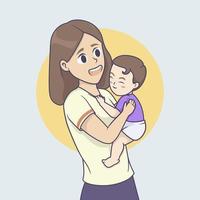Happy mother holding her son in hand. Vector illustration.