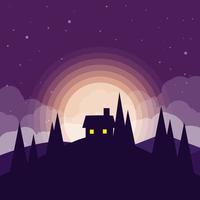 paisaje de vector de noche plana con casa y luz de la luna