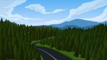 hermoso bosque con camino y montaña vector