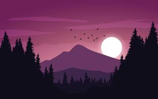 puesta de sol en el bosque con montaña vector