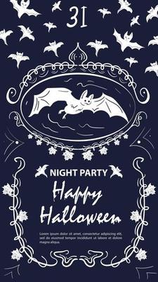 Vintage label invitation for Halloween bats in a frame