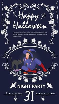 Vintage label invitation for Halloween witch with a cat in a frame