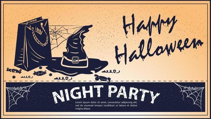 Vintage invitation for Halloween party witch hat and package