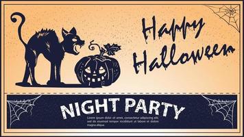 invitación vintage para la fiesta de halloween gato enojado y calabaza vector