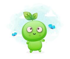Cute happy smiling seed playing with butterfly alien mascot character vector