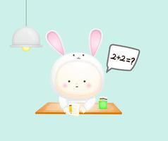 Cute baby in bunny costume learning. cartoon illustration vector