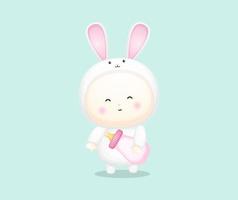 Cute baby in bunny costume holding pacifier. vector