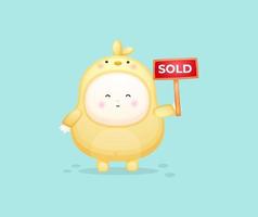 Cute baby in chicks holding sold sign. vector