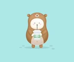 Cute baby in bear costume drinking coffee. vector