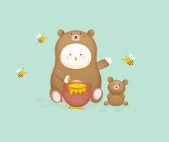 Cute baby in bear costume with honey bee. vector