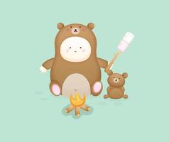 Cute baby in bear costume holding marshmallow. vector