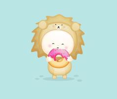 lindo bebé disfrazado de león con donut. vector