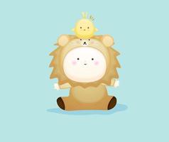 Cute baby in lion costume playing with chicks. vector