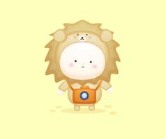 Cute baby in lion costume with camera. vector